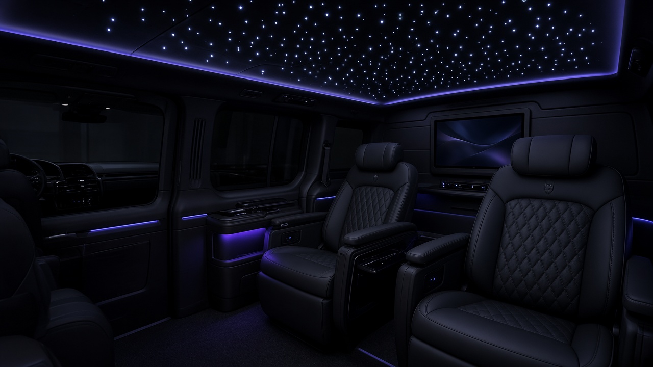 Intérieur noir Hyundai Staria avec ciel étoilé LED et Android TV